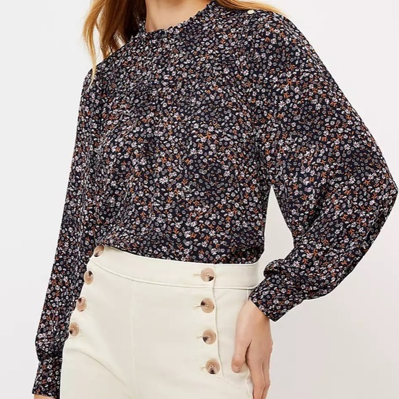 LOFT Tops - Petite ruffle neck floral bib blouse